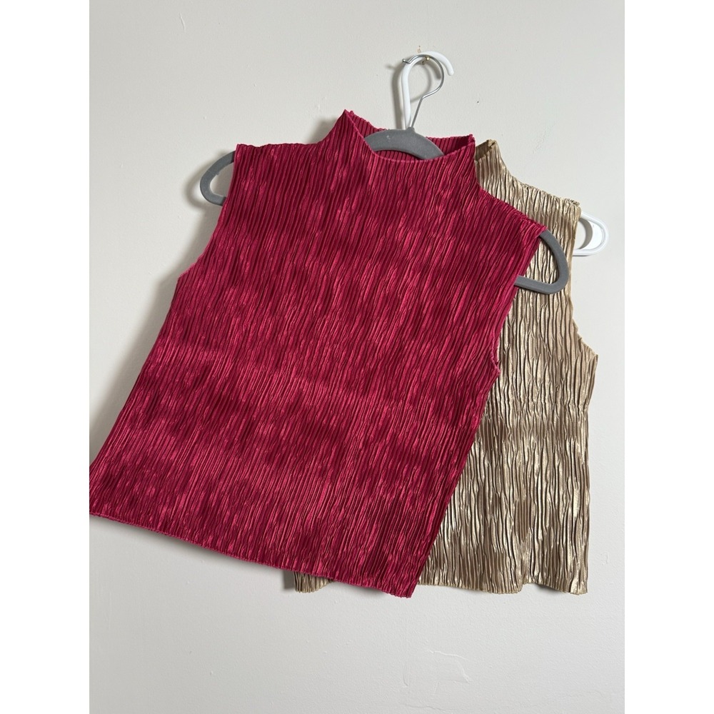 Set of 2 Vtg Libra Plisse Pleated Crinkle Sleeveless Tops Sz M Mock Neck 90s y2k